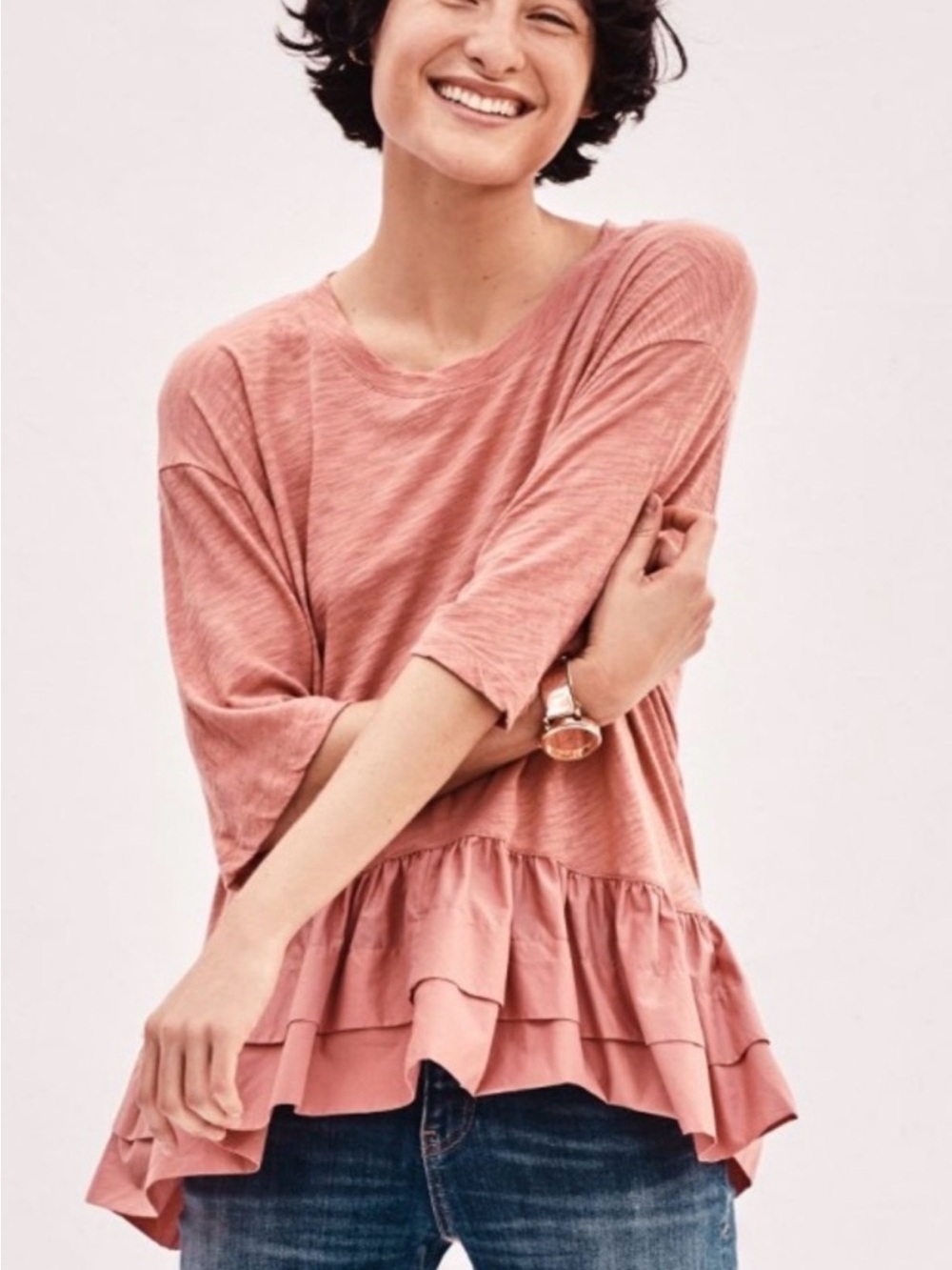 Anthropologie Akemi + Kin Relaxed Ruffle-Hem Tunic Top in Dusty Rose